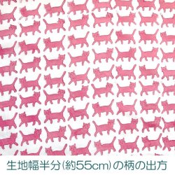 画像4: インド ブロックプリント生地 [1m単位] キャット ピンク ホワイト地02　IF0006 ファブリック 猫 ねこ