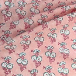 画像1: インド ブロックプリント生地 [50cm単位切売] Sanganeri ホワイトフラワー on ピンク 花 