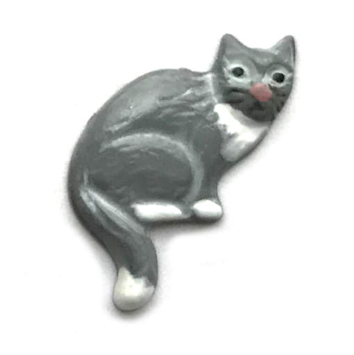 画像1: メタルボタン おすわり猫キャット グレー猫 SC  灰白　ブリティッシュショートヘア